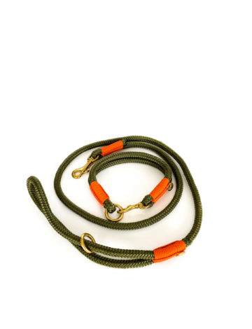 Set – Führleine mit fester Handschlaufe und Halsband – oliv.orange – 8mm Messing -HU: 29cm
